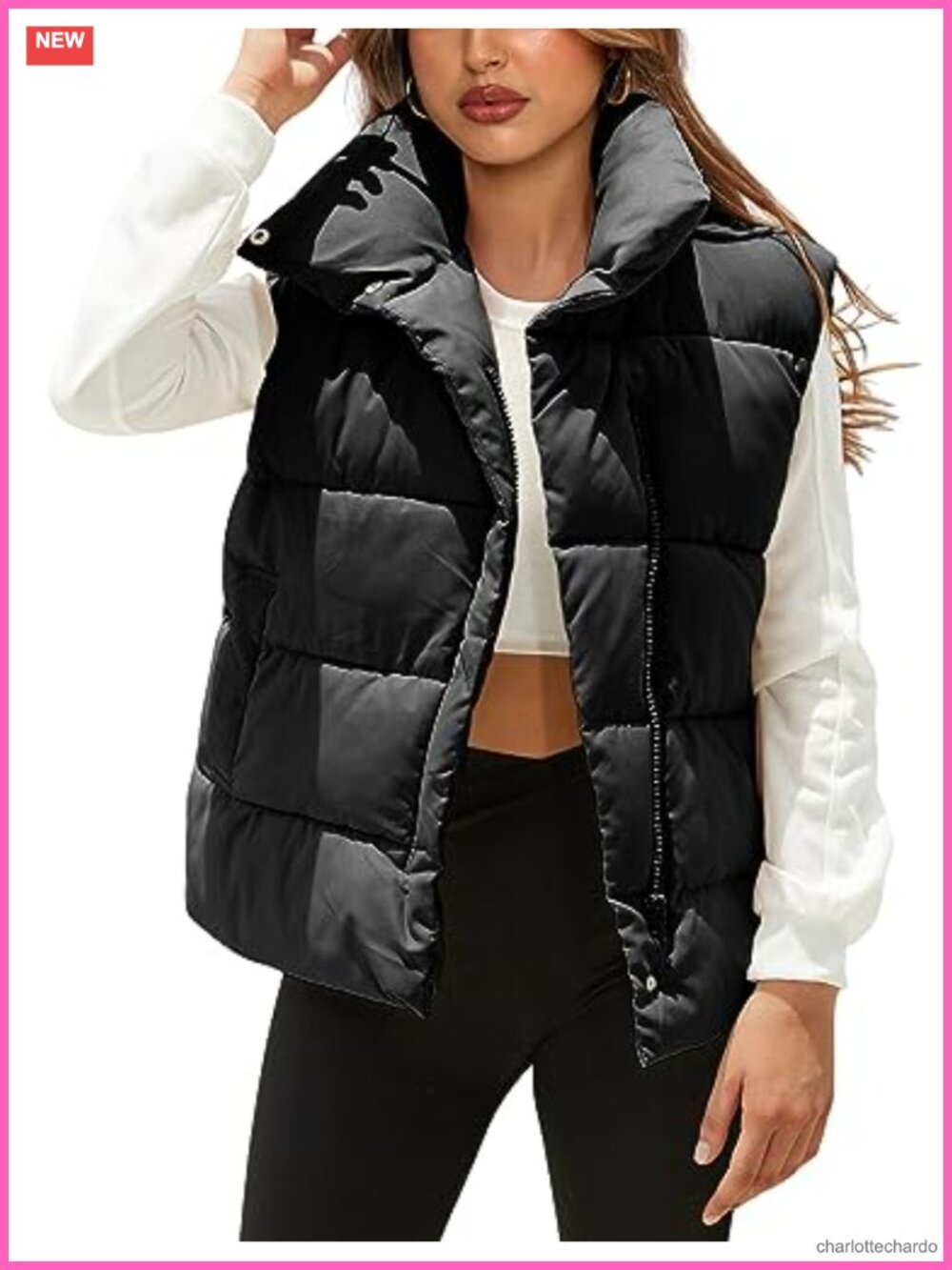 Oversized Sleeveless Quilted Puffer Vest with Stand Collar